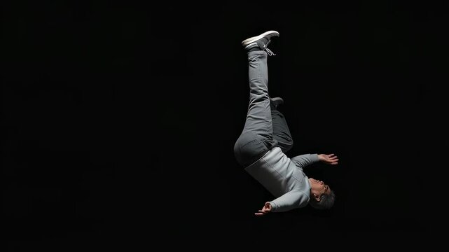 普段着の中年男性が、暗黒空間を回転して落ちる、人生転落のイメージ