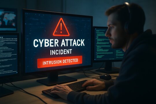 Cyber Intrusion Alert: A man faces an on-screen cyber attack warning with intense focus. Concept of digital safety. - Powered by Adobe