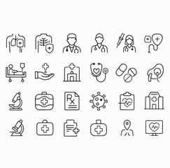 Medical line icons, such as vaccine, stethoscope, x-ray, oxygen mask and more. Editable stroke.