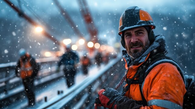 A smiling construction worker donned in bright orange gear amidst snowfall, radiating positivity while engaged in his labor with cranes and team members in the snowy backdrop.