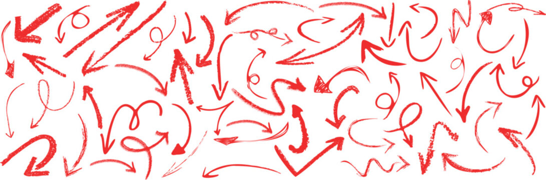 Red sketch arrow set on white featuring hand drawn, curved, and scribble style arrows for direction, highlight, navigation, or infographic elements in creative or instructional design projects