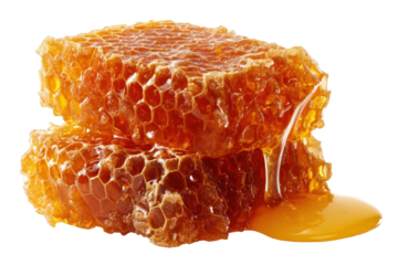 Close Up of Honeycomb Stack with Dripping Honey on Transparent Background