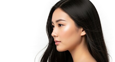 Fototapeta premium Profile portrait of a young woman with long black hair against a clean white background. The image emphasizes her smooth skin and natural beauty with soft lighting.