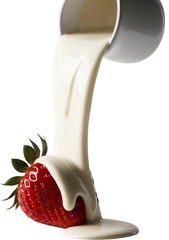 Title: Strawberry with Fresh Milk Pour isolated on white transparent background clipart PNG