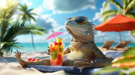 A cool iguana sunbathing on a tropical beach