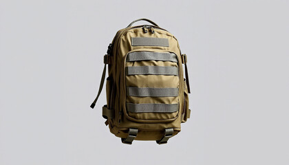 4k ULTRA HD Tactical Military Backpack with MOLLE Webbing on Plain Neutral Grey Background, Isolated