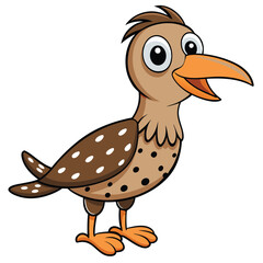 Animated brown roadrunner stands cheerfully, showcasing white spots and a long orange beak