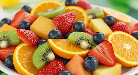Obraz premium Colorful Fruit Salad Bowl with Strawberries, Kiwi, Orange and Blueberries