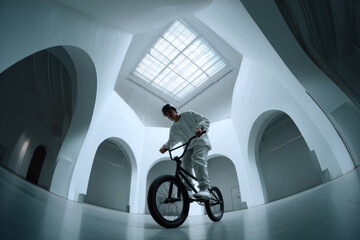 young man rides his BMX bike in spacious white room with high ceilings and large arches, his skills and enthusiasm in modern setting