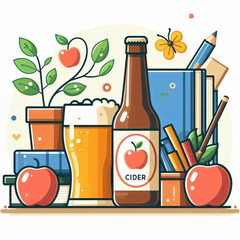 Illustration shows cider bottle beer apples books pencils and butterfly