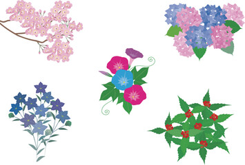 日本の春夏秋冬、季節を表す花のイラスト