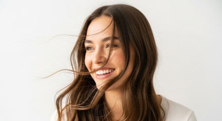 Fototapeta premium Portrait of a smiling young woman with long brown hair and radiant skin in a studio setting against a plain white background. Water particles cascade around her face enhancing vibrancy.