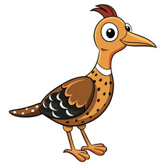 Cartoon bird standing with speckled plumage and big eyes poses on a white background