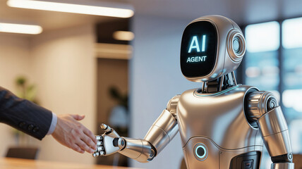AI Agent robot handshaking with businessman's hand in office background. collaboration with artificial intelligence, technology partnership, Automation & collaboration.