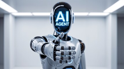 AI Agent robot giving a handshake in office background. collaboration with artificial intelligence, technology partnership, Automation & collaboration.