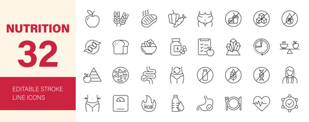 Nutrition icon set. Containing healthy food, diet, wellness, protein, vitamins, minerals, vegetables, water, meal planning, fruits and more. Editable line icons. Vector illustration.