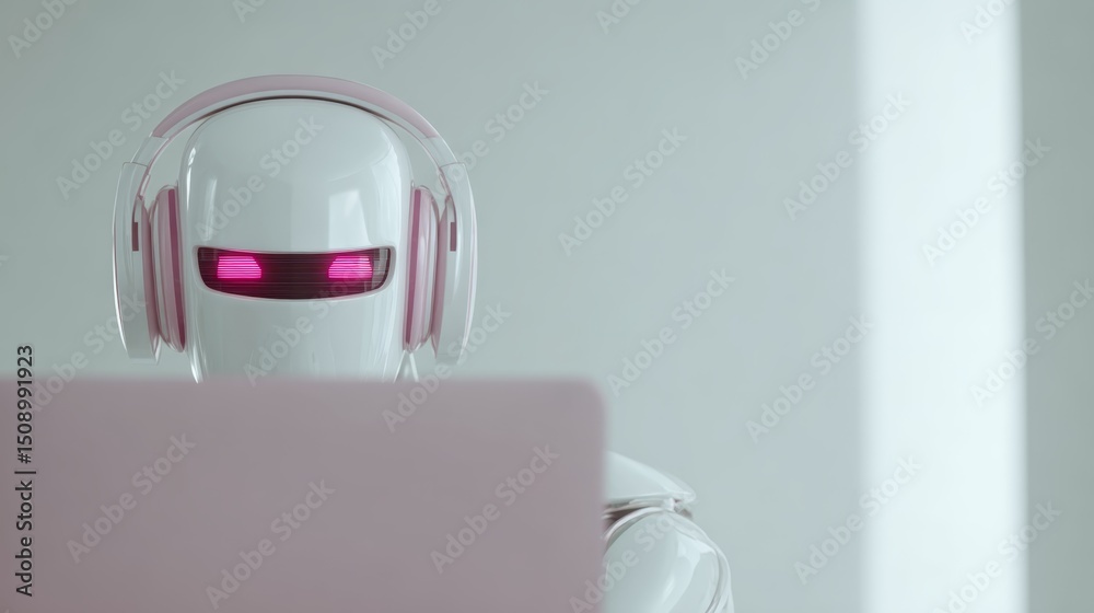 Poster modern white robot with pink headphones using futuristic laptop on soft pastel background with copy 