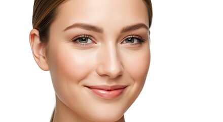 Obraz premium Portrait of a smiling young woman with brown hair and green eyes against a clean white background. She looks happy with a soft focus and natural lighting.