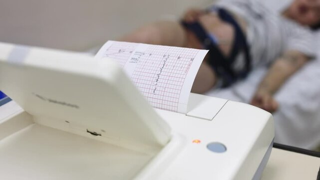 Fetal monitor or non stress test printing the baby's heart beats or electrocardiograph and mother uterine contraction during delivery or birth in delivery or labor room at hospital. Medical concept.