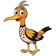 A smiling cartoon roadrunner bird with bright orange and yellow plumage is standing tall