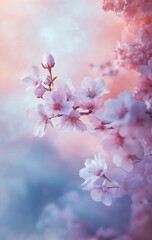 Illustration of delicate pink cherry blossoms hang from branches against a clear blue sky, with many petals gently falling, evoking spring and beauty.