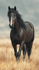 Obraz premium Majestic black horse standing gracefully in a golden grass field under a cloudy sky