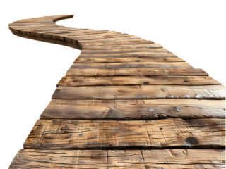 Winding wooden walkway isolated on transparent background, cut out, PNG 3D Digital Art, clip art.