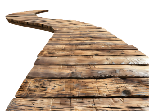 Winding wooden walkway isolated on transparent background, cut out, PNG 3D Digital Art, clip art.