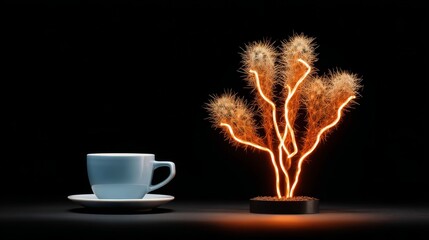 Glowing neon cactus with fiery branches illuminating beside a softly glowing cup in a dark setting creating an artistic modern tabletop composition with contrast and vibrant light