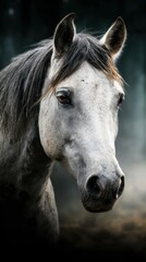 Obraz premium Majestic grey horse gazing thoughtfully in a serene forest setting during the early morning light