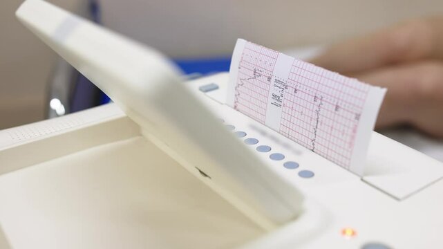 A close-up of a fetal monitor or non-stress test that prints the baby's heartbeat or electrocardiograph and the contraction of the mother's uterus during labor or birth in a hospital delivery room.