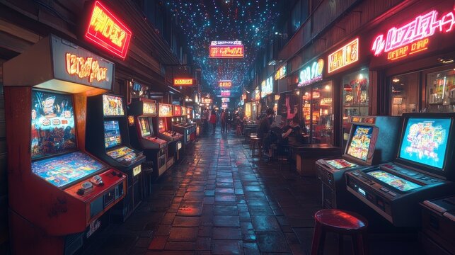 A retro 80s arcade, with neon lights, classic video games flashing on screens, and people dressed in vibrant, vintage clothing playing games amidst a nostalgic atmosphere. --ar 16:9 --stylize 750 --v 