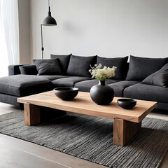 Rustic wooden coffee table with black bowls and vase in modern minimalist interior.  