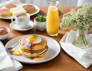 Bright & Inviting Breakfast Table with Golden Pancakes