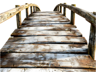 Aged wooden bridge walkway with weathered planks against a transparent background, cut out, PNG 3D Digital Art, clip art.