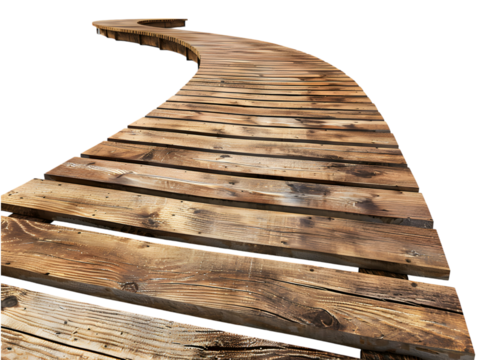Wooden walkway curves through on transparent background, cut out, PNG 3D Digital Art, clip art.