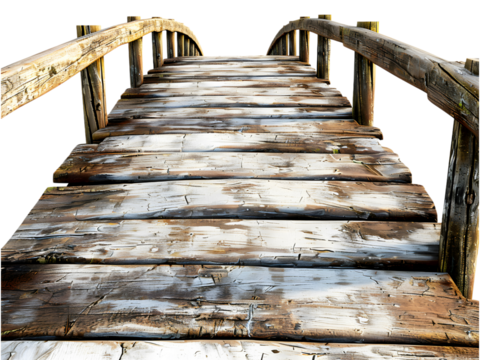 Aged wooden bridge walkway with weathered planks against a transparent background, cut out, PNG 3D Digital Art, clip art.