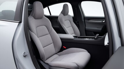 Modern electric vehicle interior with gray fabric seats