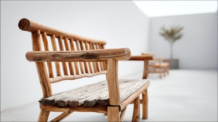 Wooden Bench in a Calm Environment: A weathered wooden bench exudes rustic charm against a minimalistic backdrop. It invites relaxation and contemplation.