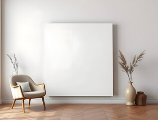 A chair in front of a large blank canvas mockup, large frame mockup, elegant frame mockup.