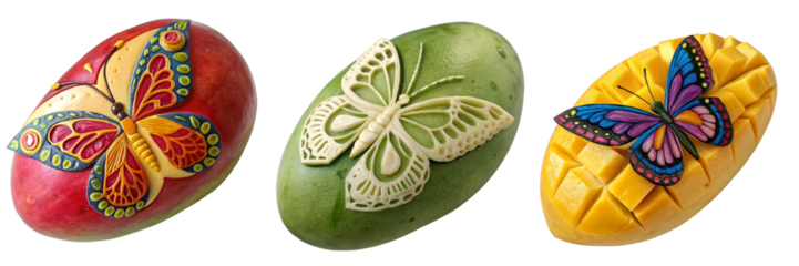 Set of A butterfly carved into a mango isolated on a transparent background