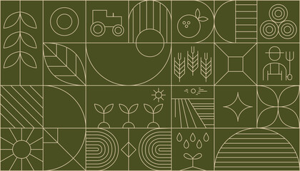 Agriculture abstract modern line geometric pattern. Vector eco farming and green energy background with linear plants, sprouts and leaves, water waves, flowers, light bulb and sun, windmill.
