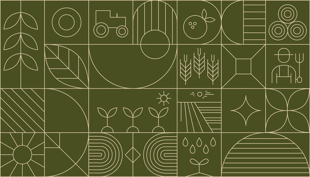 Agriculture abstract modern line geometric pattern. Vector eco farming and green energy background with linear plants, sprouts and leaves, water waves, flowers, light bulb and sun, windmill.