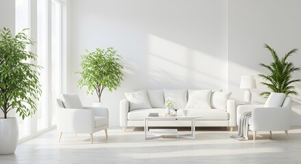Bright white living room featuring sofa chairs coffee table plants and natural light