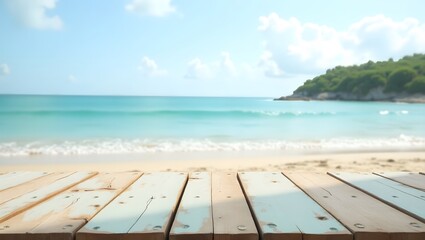 Fototapeta premium Wooden Tabletop with Blurred Ocean and Island Background in Summer Light, Wooden table on the background of the sea, island and the blue sky. Wooden planks extend across the foreground, with a blurry 