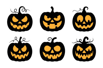 Six halloween pumpkins with carved faces