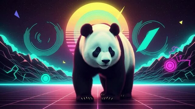 Panda with rainbow synthwave background
