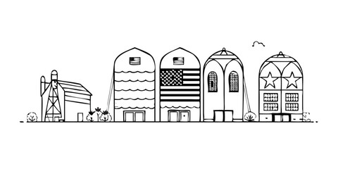 Naklejka premium Line drawing of vintage farm silos with American flag designs 