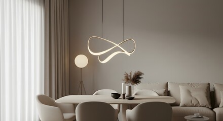 Elegant dining room interior features a modern light fixture table chairs and neutral color scheme