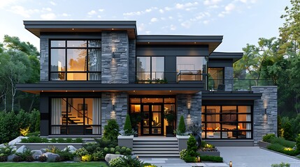Fototapeta premium Elegant two-story glass house front view high resolution picture